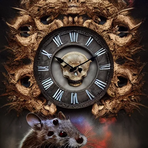 Image similar to a beautiful detailed 3 d matte portrait of a clock made of rodents, ominous, magical realism, texture, intricate, skull, skeleton, whirling smoke radiant colors, fantasy, volumetric lighting, high details