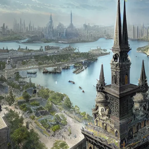 Prompt: an ultra detailed matte painting of the one impossibly tall ominous black spire in the palace district on an island in a river elevated high above the city fortress tower, fantasy capital city, ultrawide lense, aerial photography, volumetric lighting, exquisite detail, octane render, 8 k postprocessing, art by artgerm and greg rutkowski and alphonse mucha