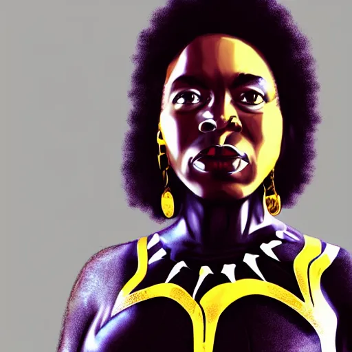 Prompt: incredibly detailed picture of revolutionary tarika lewis black panther, powerful stance, 7 0's protest movement aesthetic, cmyk, by philip bond, vray render, fineline detail, cinematic quality