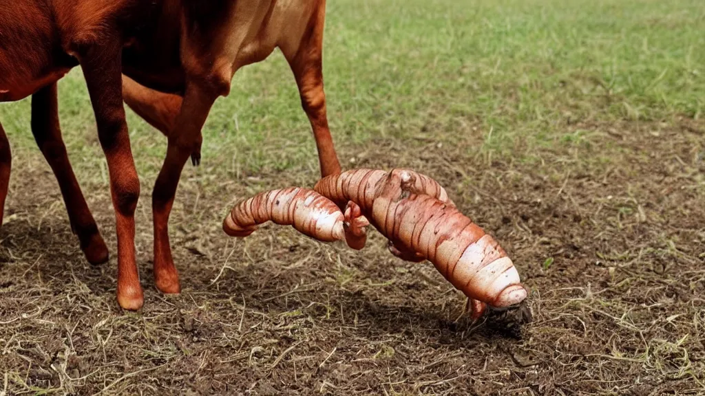 Image similar to a single cow that has legs like a centipede and is very long