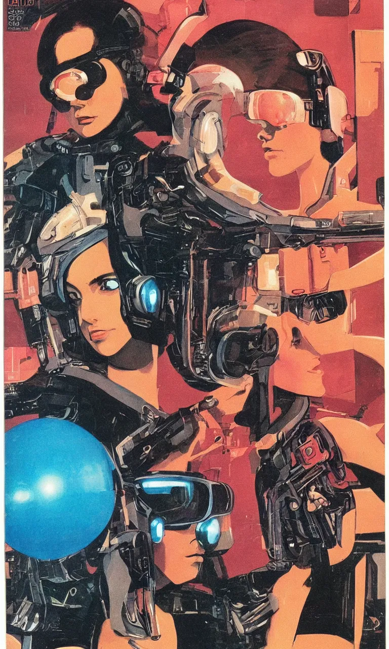 Prompt: 1979 OMNI Magazine Cover depicting a portrait of a Beautiful woman wearing AR goggles, Cyberpunk Akira style by Vincent Di Fate