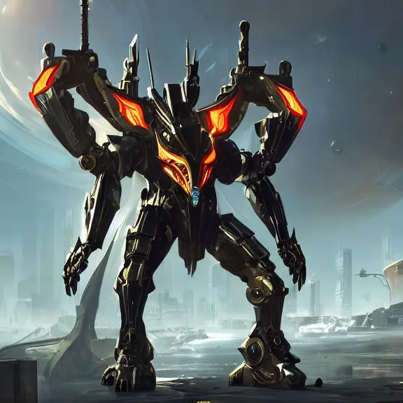 Image similar to cinematic shot, 35 foot tall stunning quadrupedal mecha dragon, sharp edged black armor, shining gold accents around the edges, sleek OLED blue visor for eyes, four legs, walking in busy neon city streets, sharp claws, epic shot, highly detailed art, sci fi, furry, 3D realistic, warframe fanart, destiny fanart, furry art, dragon art, feral art, macro art, furaffinity, DeviantArt, sofurry