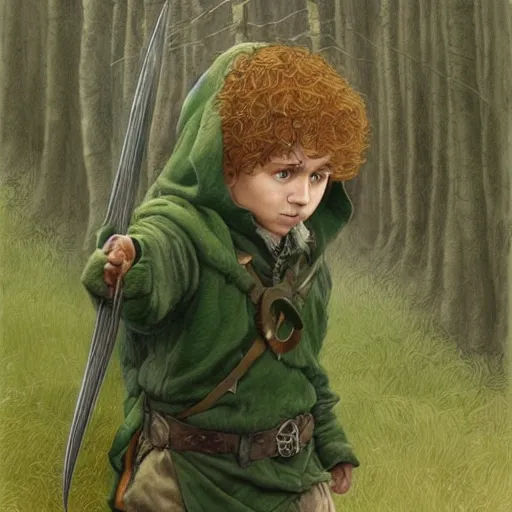 Prompt: a young hobbit ranger wearing a dark green hood and a cloak in the forest, wearing adventure gear, holding a sword, realistic, detailed, masterpiece, short brown hair, clean shaven, by John Howe and Alan Lee, trending on ArtStation