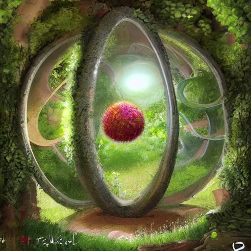 Prompt: a portal in a mysterious garden filled with spherical plants, trending on art station