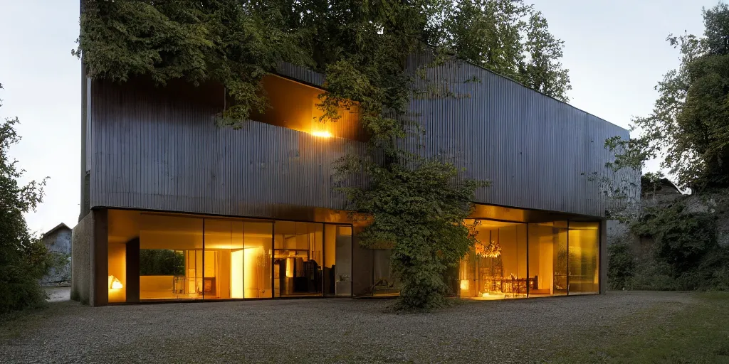 Image similar to a house by the river rhein close to mumpf designed by peter zumthor, beautiful ambient light, golden hour