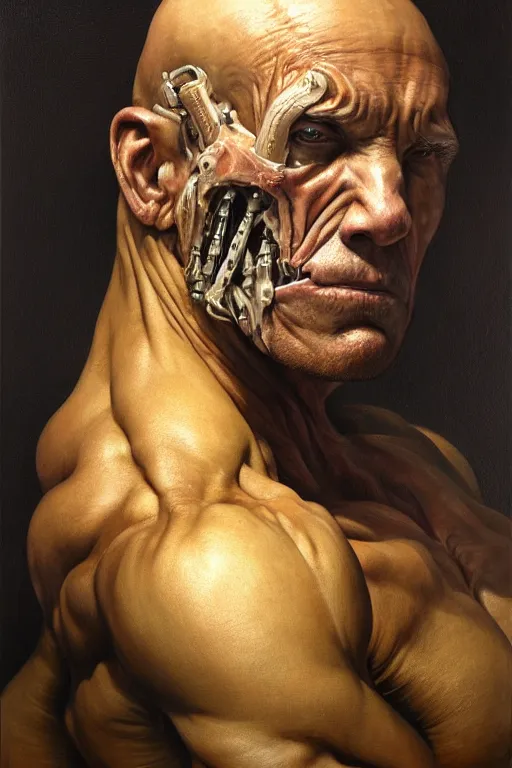 Prompt: beautiful oil clean painting biomechanical portrait of man with muscles becoming machine by wayne barlowe, rembrandt, complex, stunning, realistic skin color, 4 k, high res, awardwinning, masterpiece, realistic lighting