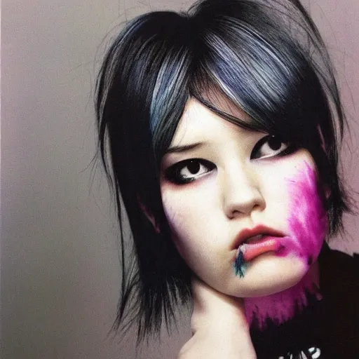 Image similar to A young woman with dyed hair hair looking disgusted away from the camera, Punk, Portrait by Noriyoshi Ohrai