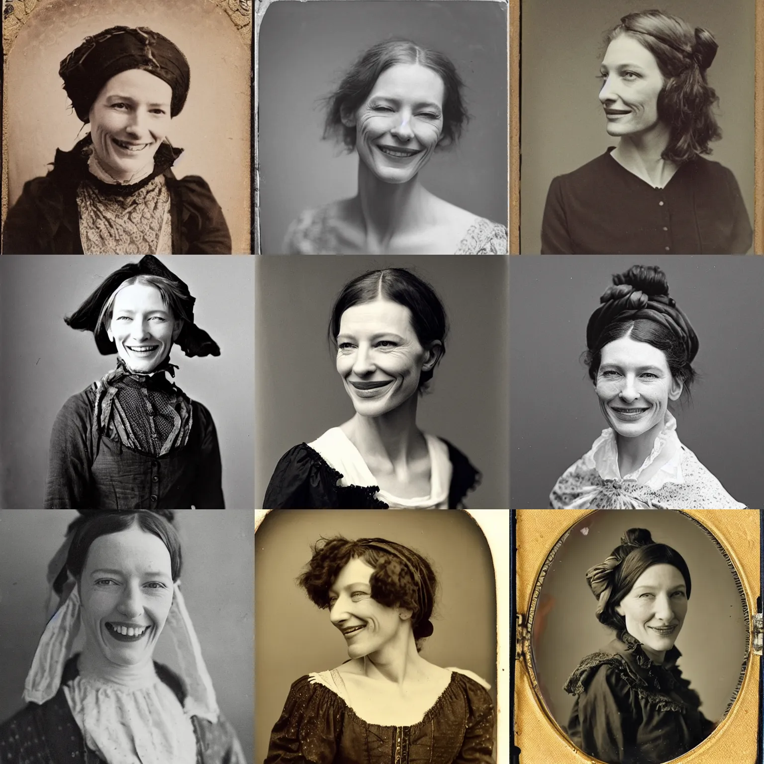 Prompt: mid 1 9 th century, thirtysomethins years old, mischievous!!, smiling cate blanchett with termed kyphosis as an austro - hungarian woman ( with wart, messy bun, brown hair, ( ( big, black headgear ) ) ), daguerreotype by emil rabending