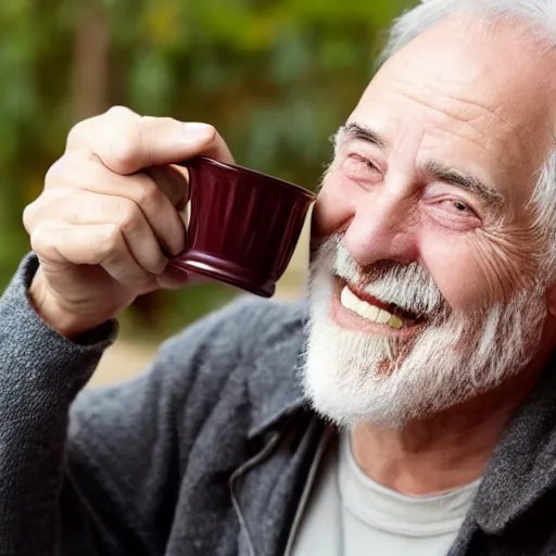 Prompt: https://thumbs.dreamstime.com/b/smiling-old-man-having-coffee-portrait-looking-happy-33471677.jpg