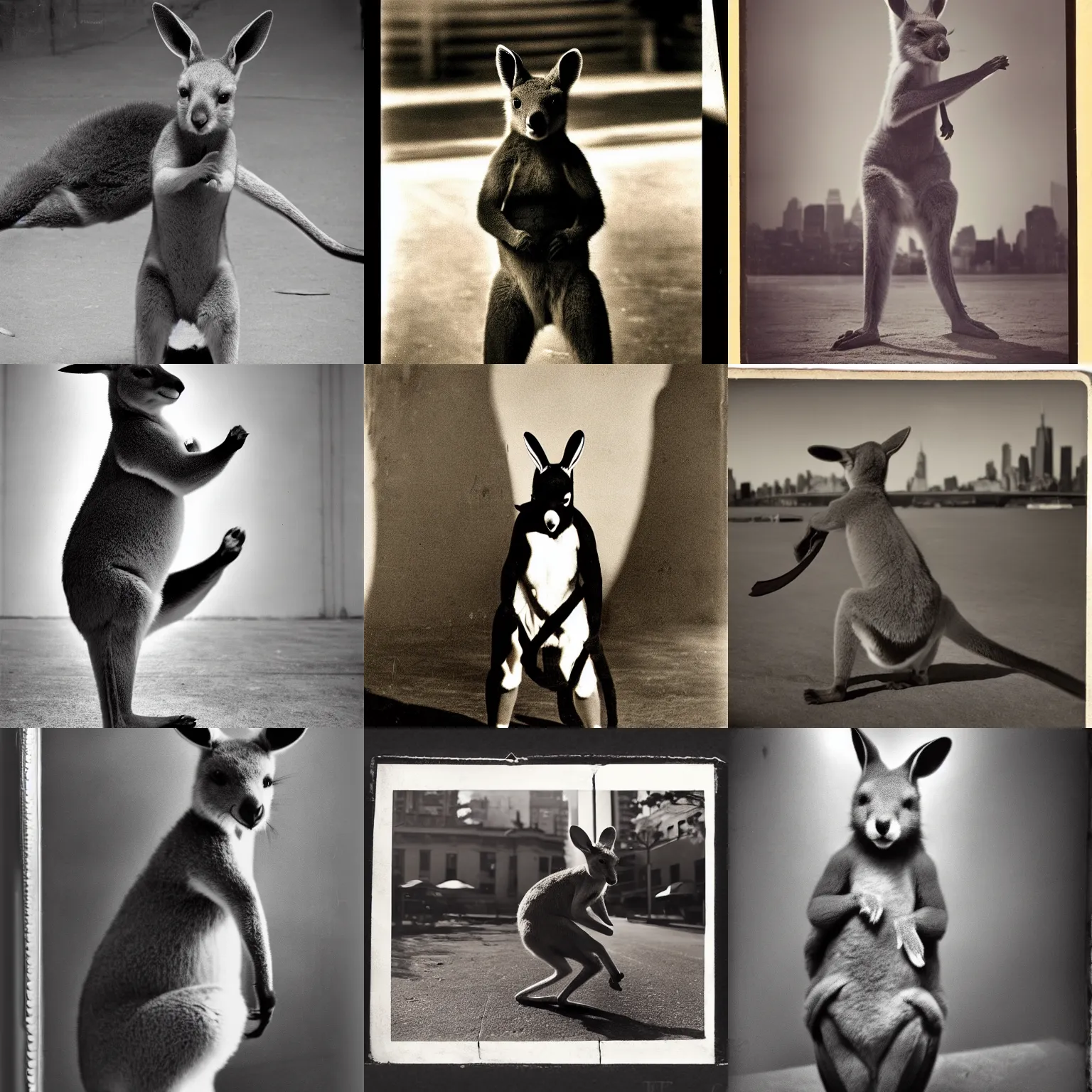 Prompt: subject: ninja kangaroo , background: new york, style: vintage photograph with dramatic light , very sharp detail , aggressive pose