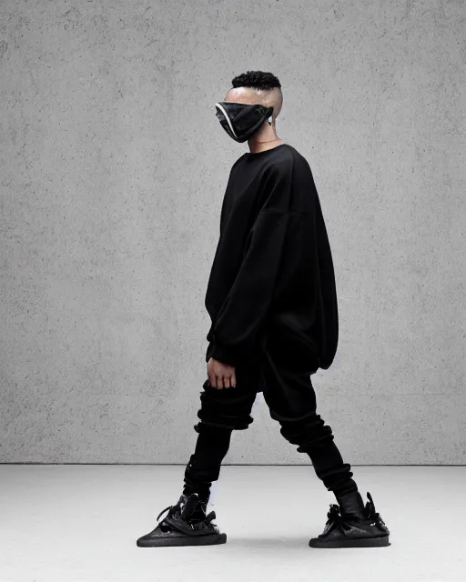 Image similar to Yeezy designed covid mask, model, studio photography, clothing drop, unreleased, Yzy, YZY GAP, Balenciaga, minimalist, dystopian feel