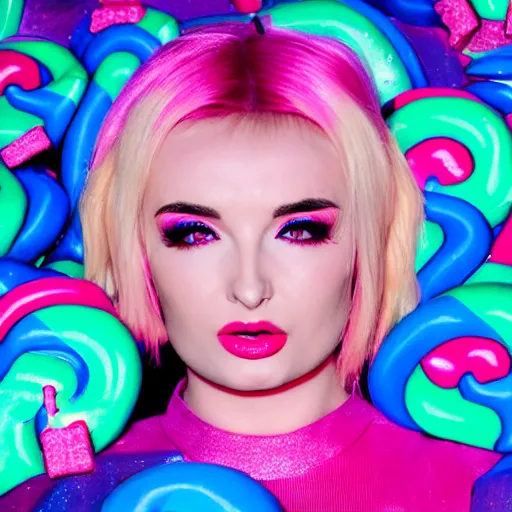 Image similar to kim petras in candyland portrait, eyes closed, album cover