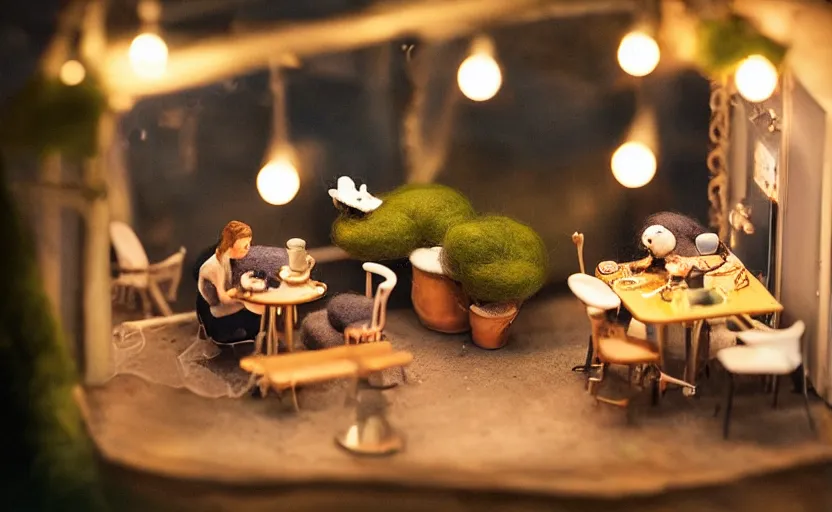 Image similar to mini cafe diorama macro photography, cafe for felted animals, ambient, atmospheric photograph, string lights, romantic