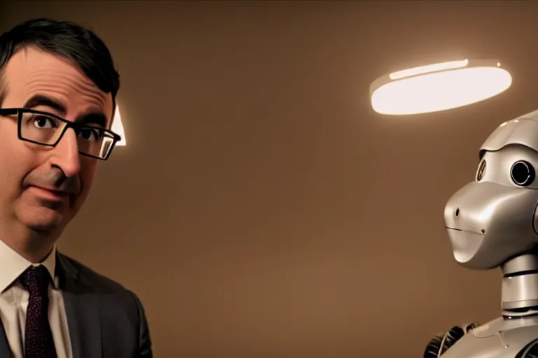 Prompt: vfx film closeup, john oliver interviewing a robot, flat color profile low - key lighting award winning photography arri alexa cinematography, hyper real photorealistic cinematic, atmospheric cool colorgrade