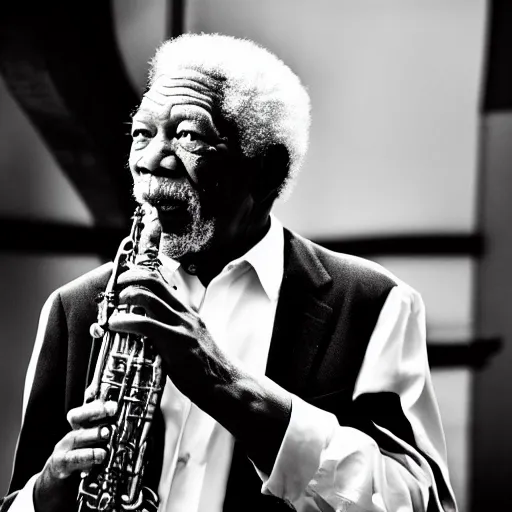 Prompt: morgan freeman on alto saxaphone. black and white high contrast