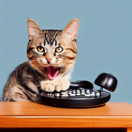 Image similar to photo of a cat laughing wide and hilariously into an old rotary phone that it is holding with its paw to its face. interior home office, at computer deist and keyboard and monitor, tec - supportt, it help, frustration, spilling coffee everywhere