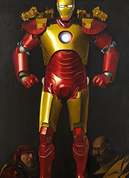 Prompt: a ironman in ancient suit, with his suit as war armor, in the style of a renaissance painting, insane detail, chiaroscuro oil painting, jan matejko, caravaggio, jan van eyck, gustave courbet, edward hopper, trending on artstation, artgerm