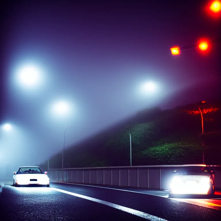 Image similar to close-up-photo JZX90 twin turbo drift middle of empty street, misty kanagawa prefecture, night, cinematic color, photorealistic, highly detailed,