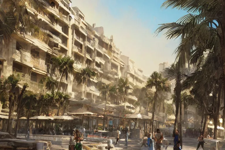 Image similar to landscape of the beautiful city of paris rebuilt near the pacific ocean in sunny california, amazing weather, sandy beach, palm trees, splendid haussmann architecture, digital painting, highly detailed, intricate, without duplication, art by craig mullins, greg rutkwowski, concept art, matte painting, trending on artstation