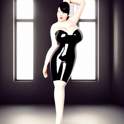 Image similar to a curvy feminine pale goth cutie in an elaborate black latex-leather-rubber tight tube dress, with a thin waist, tube-top, cgsociety, photorealistic, sublime-comfy-elegant ambience, 16k, smooth, sharp focus, trending on ArtStation, volumetric lighting, fully clothed, worksafe