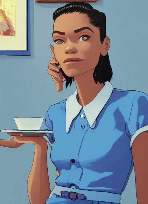 Prompt: Portrait of Zendaya wearing baby blue color diner waitress dress, poster artwork by Michael Whelan, Bob Larkin and Tomer Hanuka, from scene from Twin Peaks, simple illustration, domestic, nostalgic, from scene from Twin Peaks, clean, full of details, by Makoto Shinkai and thomas kinkade, Matte painting, trending on artstation and unreal engine