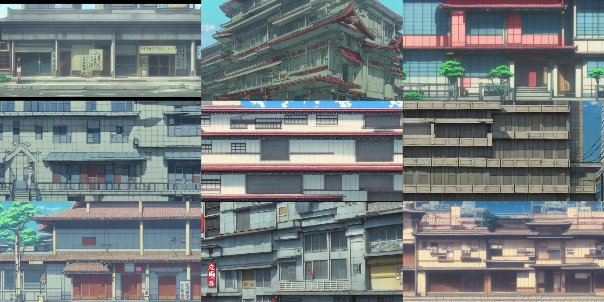 Prompt: close up front view of a japanese building facade with signs on it, a screenshot from the anime film by Makoto Shinkai