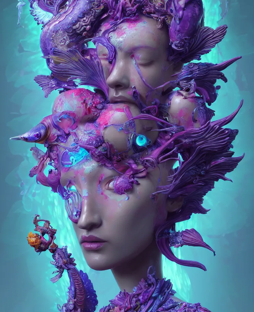 Image similar to goddess full color painted acryllic sculpture close-up portrait. orchid bird phoenix head, nautilus, skull, betta fish, bioluminiscent creatures, intricate artwork by Tooth Wu and wlop and beeple. octane render, trending on artstation, greg rutkowski very coherent symmetrical artwork. cinematic, hyper realism, high detail, octane render, 8k