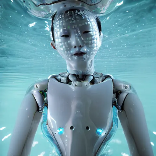 Image similar to beautiful centered fine art photo portrait of hoyeon jung as a solarpunk robotic humanoid treading on water, white mechanical parts with led lights, ultra - detailed and intricate, sun lighting, soft focus, slow exposure hdr 8 k