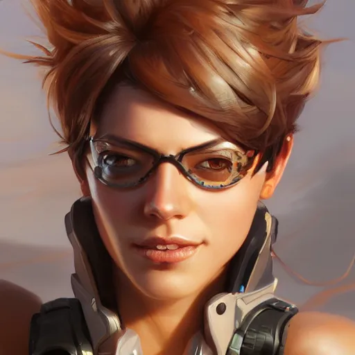 Prompt: portait of tracer in a bikini, hyperdetailed, intricate, very beautiful face, pretty face, very detailed eyes, by greg rutkowski, wlop, unreal engine 5, trending on artstation