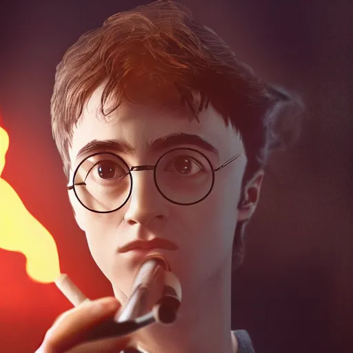 Image similar to harry potter holding a joint as his wand and smoking weed and surrounded by green dense weed kush plants, smoke in front, smoke behind, smoke background, red eyes, smoking weed, hyper detailed, cinematic lighting, studio quality, smooth render,