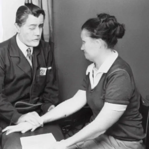 Image similar to a man sitting on a chair having his blood pressure measured by a nurse, photograph