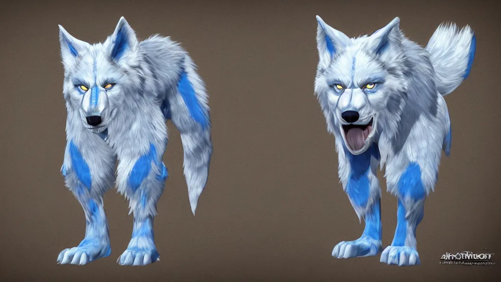 Image similar to a fantasy giant blue wolf with white tribal paint character design sheet, trending on artstation