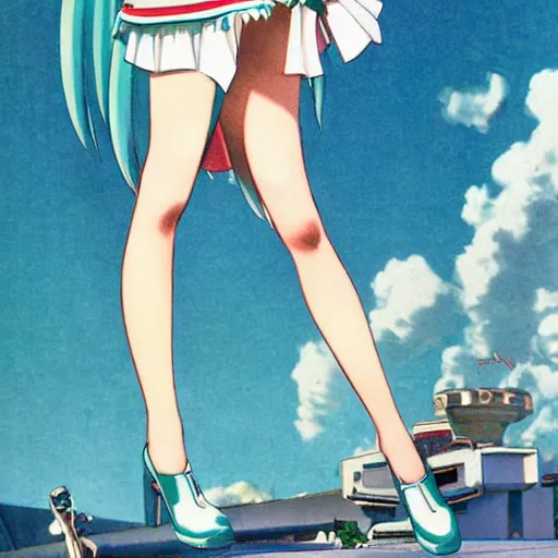 Image similar to Hatsune Miku full body pin up modeling in idol unioform, with a park in the back ground, post war style, detailed face, american postcard art style, by Gil Elvgren