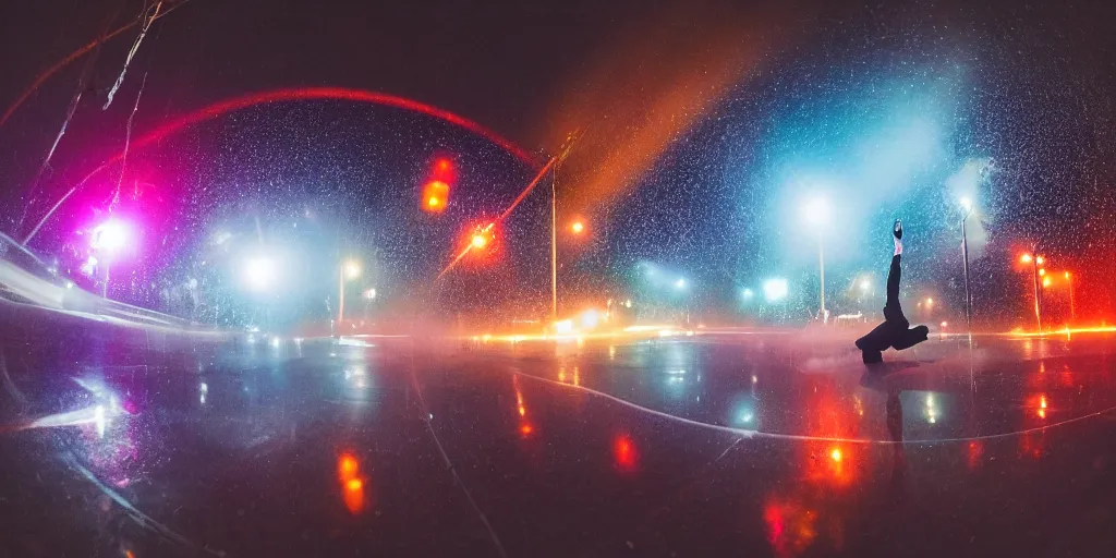 Image similar to fisheye lens trail effect of astronauts doing break dance, long exposure shot , foggy night in the middle of a rainy street with colorful rim lights, paddle of water water splashes, glossy reflections, water droplets on lens, tongue of fire, detailed and soft, fisheye lens, smooth, sharp focus, professional photoshoot, film grain, film look, inspired by blade runner