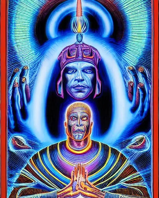 Image similar to blue glowing alien high priest god at the altar by alex grey