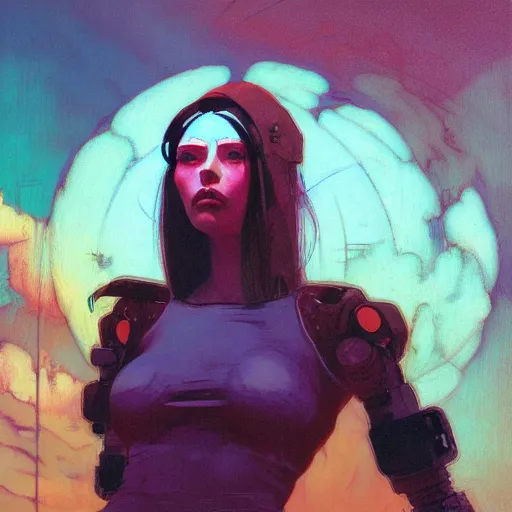 Prompt: complimentary color portrait of diesel punk beautiful female in the style of malcolm liepke, anime, award - winning realistic sci - fi concept art by beksinski, picasso masterpiece, complimentary colors, james gilleard, bruegel, greg rutkowski, alphonse mucha, and yoshitaka amano