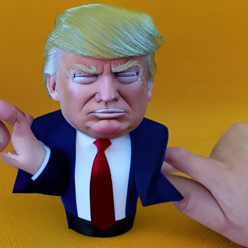 Prompt: Donald Trump realistic finger puppet, wide lens, diorama, 4k,