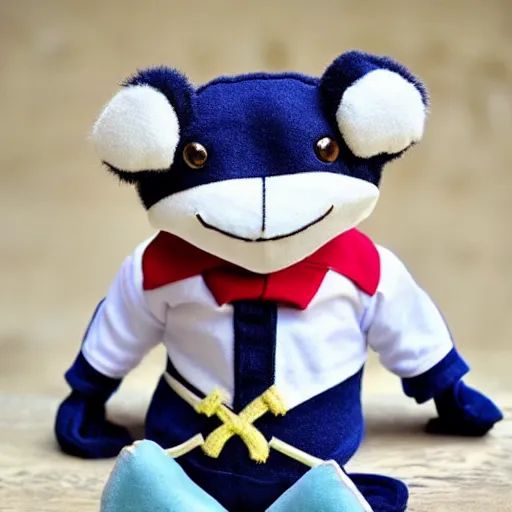 Image similar to stuffed animal frog wearing a sailor suit, cute, photography,