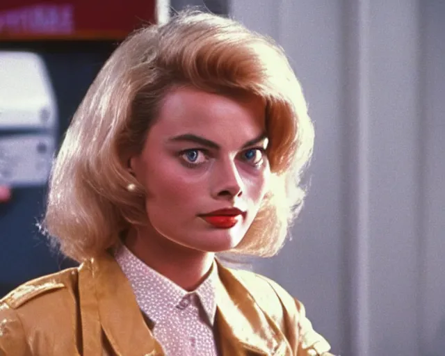 Prompt: margot robbie as lorraine baines in back to the future, 1985, cdx