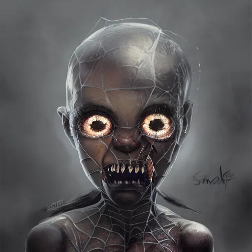 Image similar to spider with the head of a human child, black eyes, sharp teeth, intricate, detailed, volumetric lighting, scenery, digital painting, highly detailed, artstation, sharp focus, illustration, concept art,