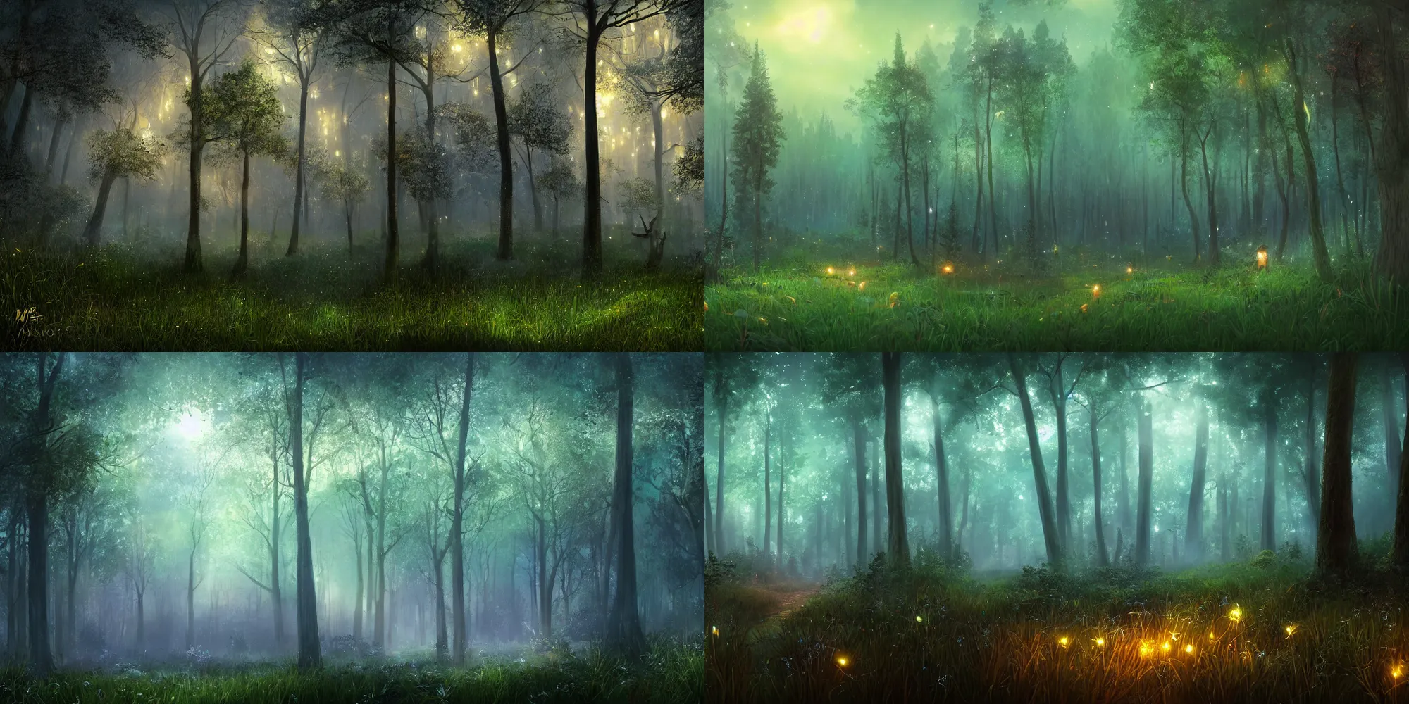 Prompt: a beautiful matte painting of a magical forest at night, with grass, lots of fireflies, lively trees, wide angle, low angle, mist, dramatic lighting, light shafts, bokeh, emissive, by Michal Kváč, by Anton Dmitriev, trending on artstation