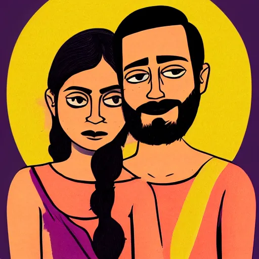 Image similar to perfectly centered symmetrical split male and female portrait of young indian man and woman in love sharing one heart. illustration, highly detailed, simple, no jagged lines, smooth, artstation, artwork by chip zdarsky