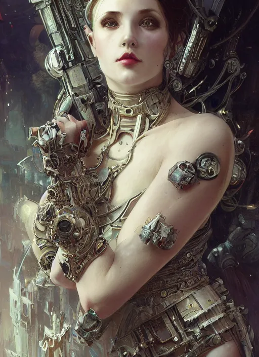 Prompt: beautiful pale gothic maiden, warhammer 40000, cyberpunk, intricate, elegant, highly detailed, digital painting, artstation, concept art, smooth, sharp focus, illustration, art by artgerm and greg rutkowski and alphonse mucha and Gustav Klimt