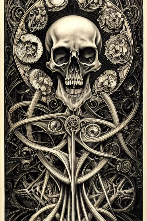 Image similar to detailed realistic memento mori lithograph by cameron gray and ernst haeckel, gothic ornament, skulls, bones, art nouveau, neogothic, ornate art nouveau botanicals, horizontal symmetry, polished