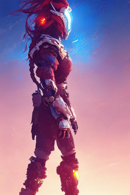 Image similar to combination suit armor aloy horizon forbidden west horizon zero dawn radiating a glowing aura global illumination ray tracing hdr fanart arstation by ian pesty and alena aenami artworks in 4 k tribal robot ninja mask helmet backpack