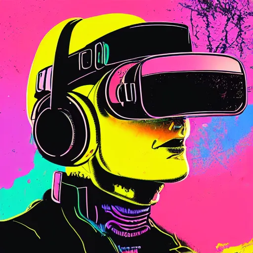 Prompt: illustration of cyberpunk terminator in vr helmet, colorful splatters, by andy warhol and by zac retz and by kezie demessance