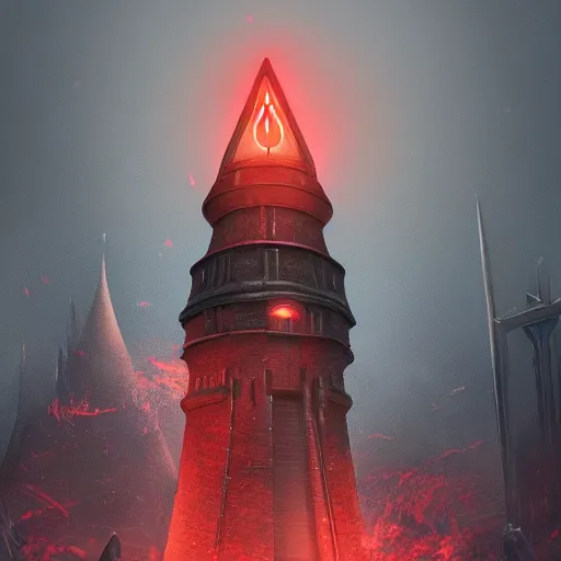 Prompt: high round tower with a huge red eye of sauron floating at the top, artstation award winner, octane render, highly detailed, sharp, realistic