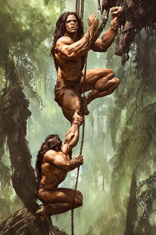 Prompt: tarzan swinging from trees, by Frank Frazetta, Greg Rutkowski, Boris Vallejo, epic fantasy character art, Exquisite detail, post-processing, low angle, masterpiece, cinematic