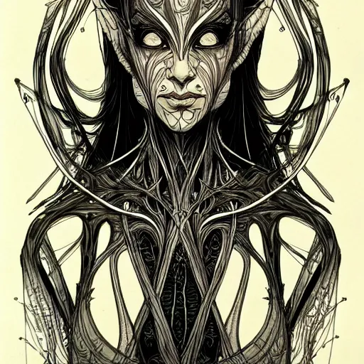 Image similar to centered elven ,intricate, veins, by Hugo pratt, ultradetailed, charachter design, concept art, trending on artstation,