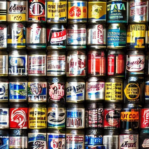 Prompt: a multilevel display of beer cans with cool trendy logos
